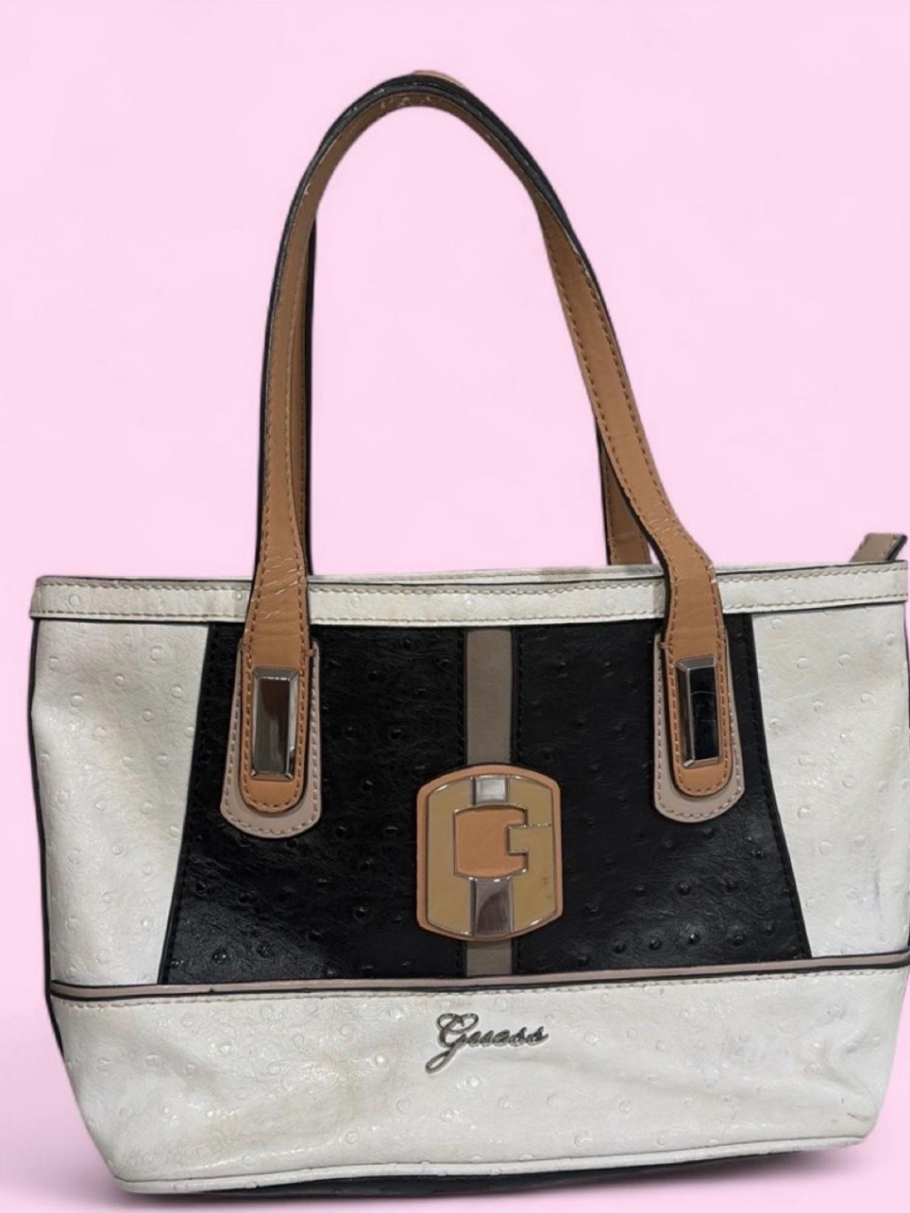 Vintage Guess Two-Tone Black and Ivory Leather Tote